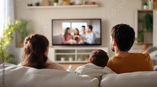 Family Bonding Through Technology: A Family Video Chatting with a Loved One on a Smart Television in a Stylish Living Room