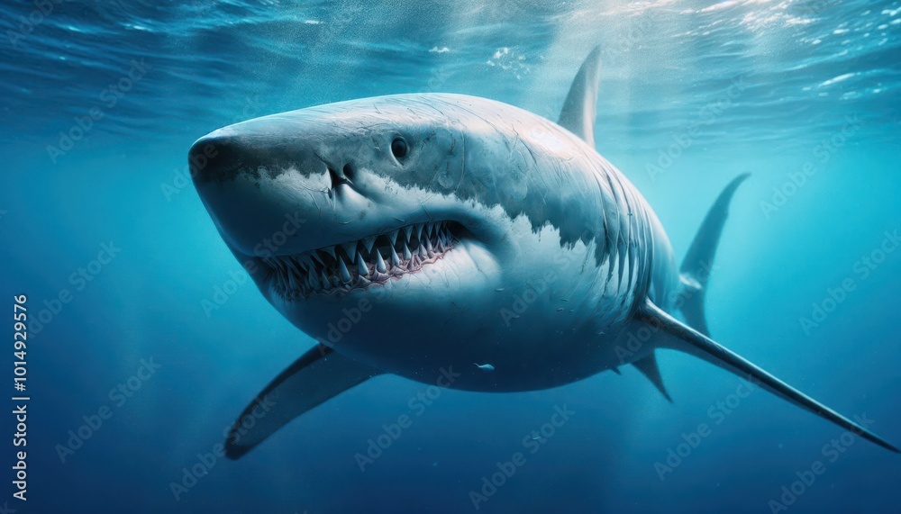 Fototapeta premium A close-up view of a great white shark swimming underwater.