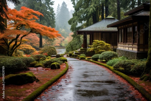 Serene japanese garden  a tranquil retreat with lush greenery and elegant design elements photo