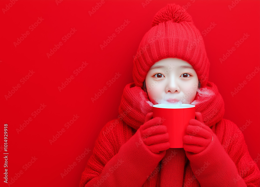 Young girl enjoying a warm drink while wearing a cozy red outfit against a vibrant background Young girl enjoying a warm drink while wearing a cozy red outfit against a vibrant background