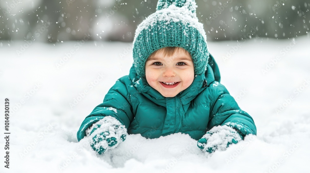 Child bundled up in a puffy jacket and snow boots, playing in fresh snow, with winter hat and gloves, [winter fashion], [kids style]  ,closes up