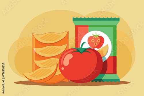 Potato chips with tomatoes flavor crisps natural potatoes and packaging advertising design template stock vector illustration