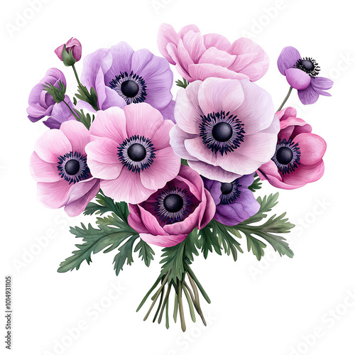 Colorful bouquet of anemone flowers, white isolate background transparent background