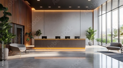 An office reception area with a modern wooden desk against a concrete wall, with soft lighting, illustrating a corporate interior design concept. 3D Rendering created with generative ai photo