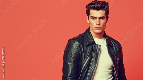 Classic 50s leather jacket and cuffed jeans paired with slicked-back hair, [vintage fashion], [timeless greaser style].  ,closes up