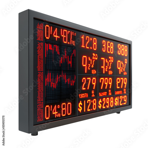 Digital display board showing stock market information. transparent background