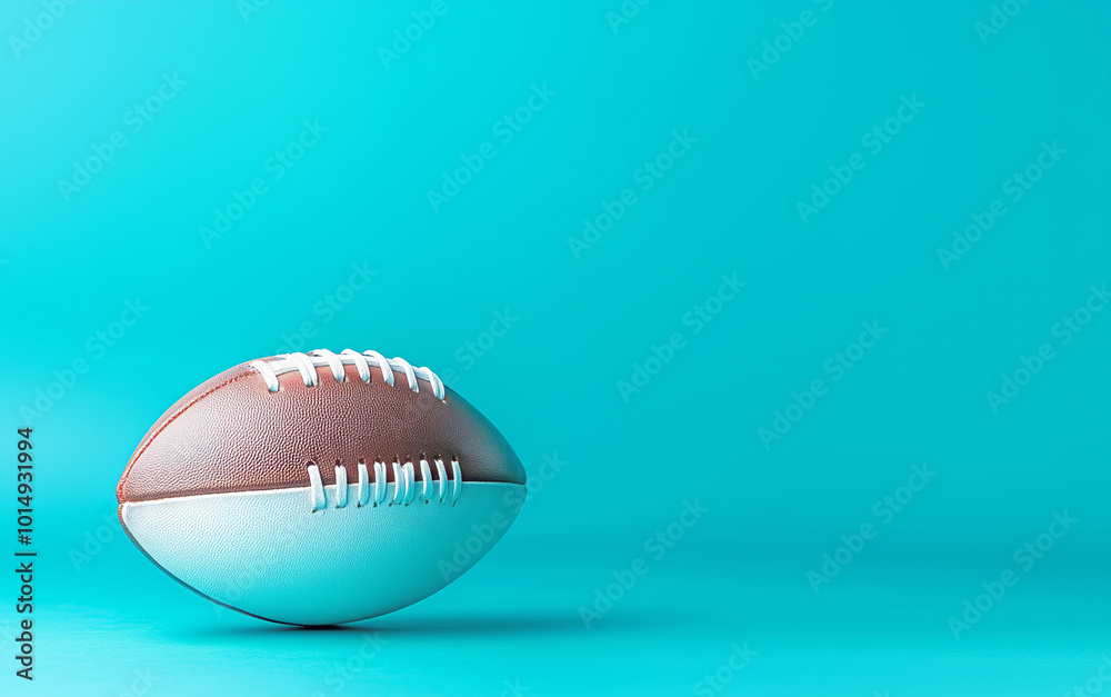 A close-up of a classic brown and white football on a bright turquoise background A close-up of a classic brown and white football on a bright turquoise background