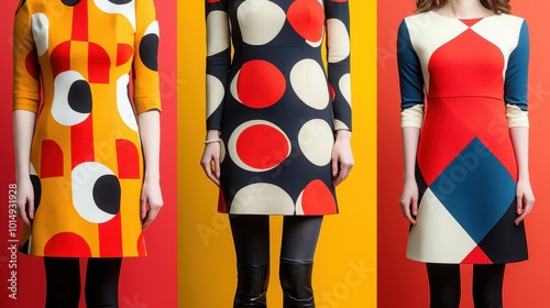 60s mod-style dresses with geometric prints and knee-high boots, [fashion trends], [retro mod fashion comeback].  ,closes up photo