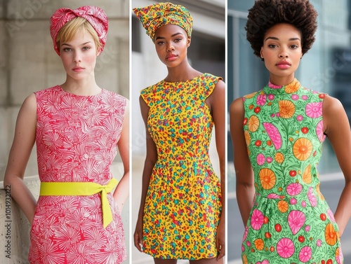 60s psychedelic patterns in mini dresses and bold headscarves, [vintage fashion], [vibrant retro trend]. photo