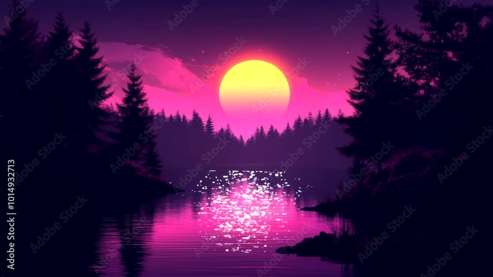 beautiful sunset with purple sun sky and water reflection an pine tree silhouette video animation background looping seamless 4k quality beautiful sunset with purple sun sky and water reflection an pine tree silhouette video animation background looping seamless 4k quality