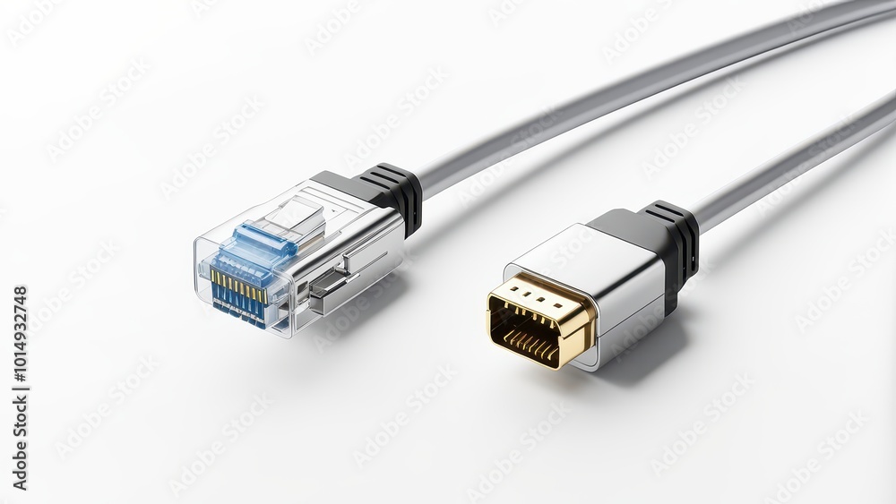 A close-up of an Ethernet cable with a clear connector and a gold-plated connector. A close-up of an Ethernet cable with a clear connector and a gold-plated connector.