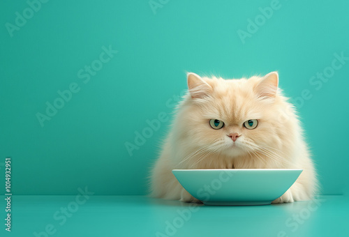 Fluffy cream Persian cat sitting patiently in front of a turquoise bowl on a vibrant backdrop photo