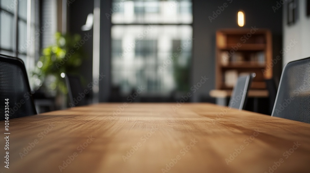 Modern office space with focus on wooden table surface, blurred background showing chairs, window, and bookshelf, creating a professional yet cozy atmosphere. Modern office space with focus on wooden table surface, blurred background showing chairs, window, and bookshelf, creating a professional yet cozy atmosphere.