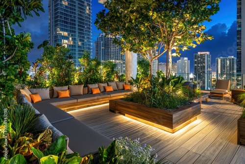 Modern rooftop lounge in Miami with sleek wooden seating and lush surrounding greenery, overlooking city lights