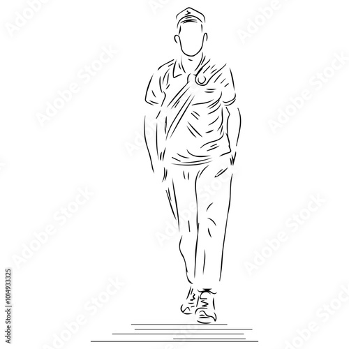 A male model walking and wearing a crossbody bag line art illustration
