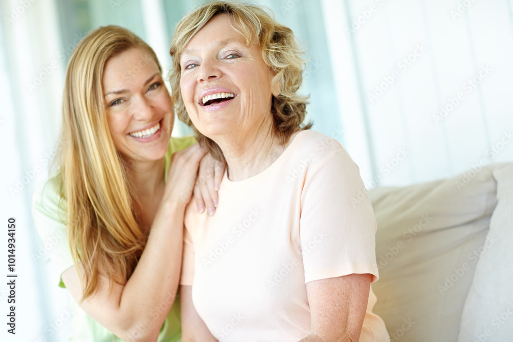 Sofa, senior mother and woman in portrait with embrace, funny memory and bonding together at home. Happy people, mom and adult daughter with connection for family, relationship and laughing on couch Sofa, senior mother and woman in portrait with embrace, funny memory and bonding together at home. Happy people, mom and adult daughter with connection for family, relationship and laughing on couch
