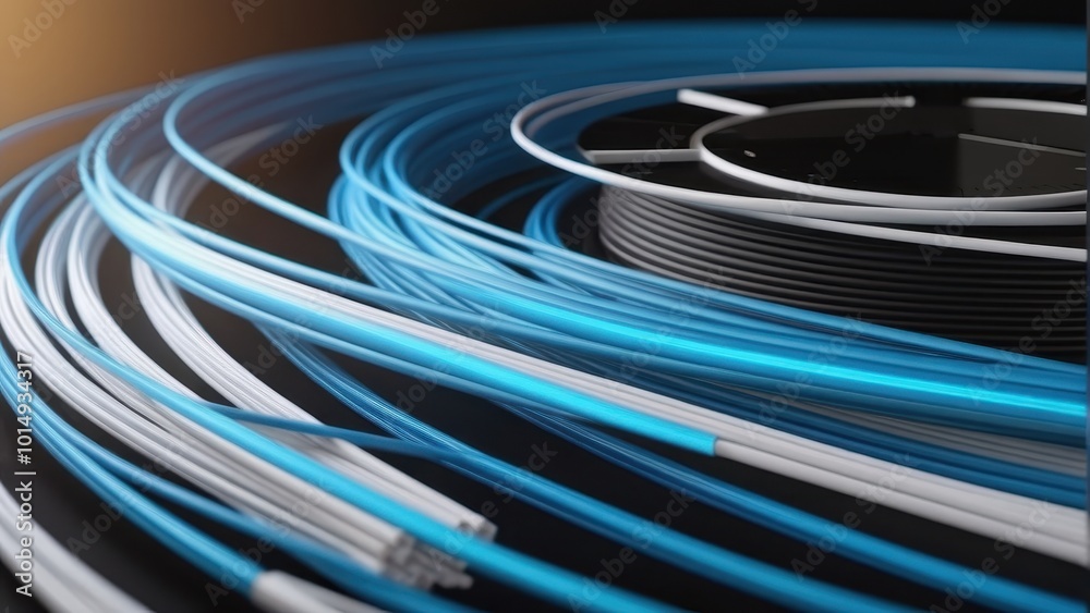 A close-up of coiled blue and white wires on a spool, showcasing their design and texture. A close-up of coiled blue and white wires on a spool, showcasing their design and texture.