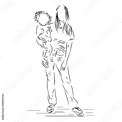 A mother who is holding her child at her waist line art illustration