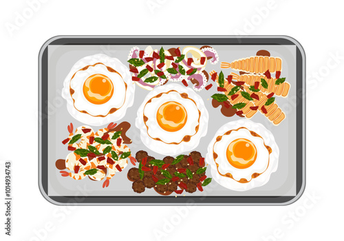 Set of flat banner vector illustrations, delicious food. Thai food, a la carte food, stir-fried basil with fried egg "pad kra pao". Cooking from top view, recipe, menu, restaurant for food design.