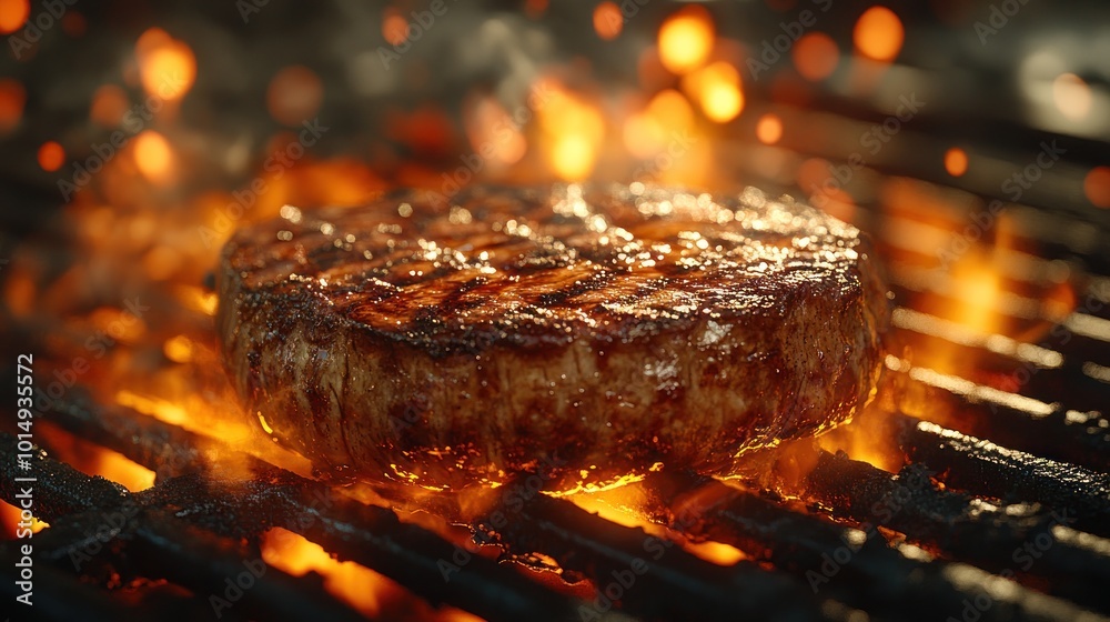 Grilled burger sizzling on a barbecue with flames. Grilled burger sizzling on a barbecue with flames.