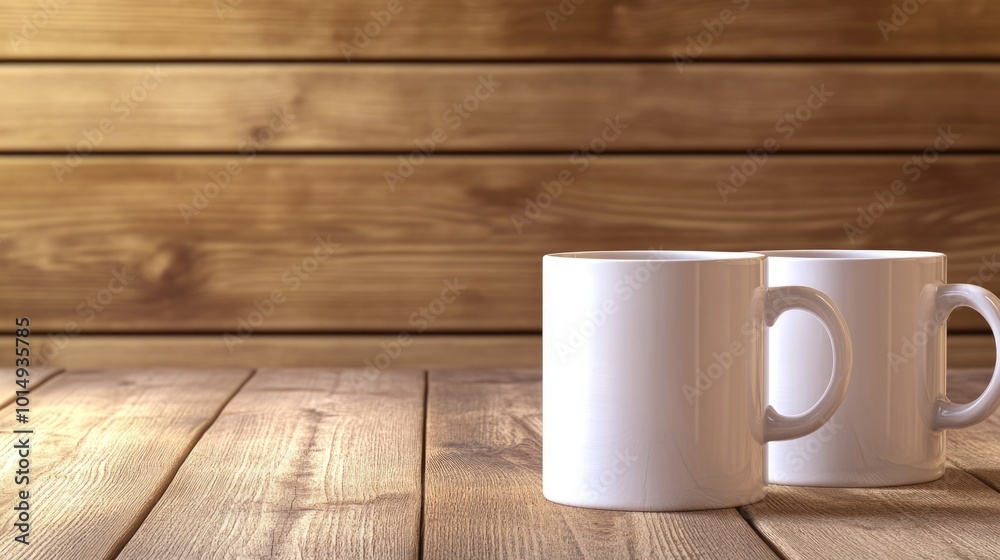 White Coffee Mugs on Wooden Table White Coffee Mugs on Wooden Table