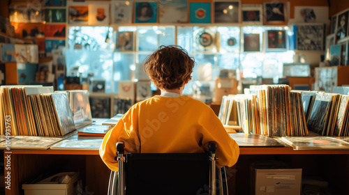 A Person in a Wheelchair Selecting Music in a Retro Record Store Filled with Vinyl Records, Showcasing the Spirit of Inclusion photo