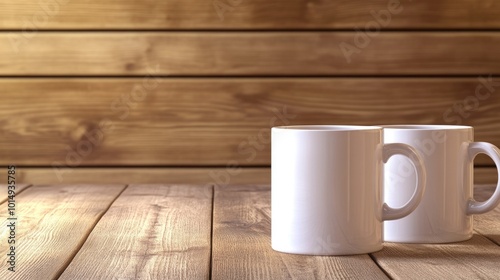 White Coffee Mugs on Wooden Table