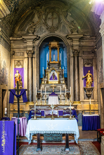 Interior and ceramic azulejos of Remedios chapel, Santuario de Nossa Senhora dos Remedios at Peniche, Portugal.