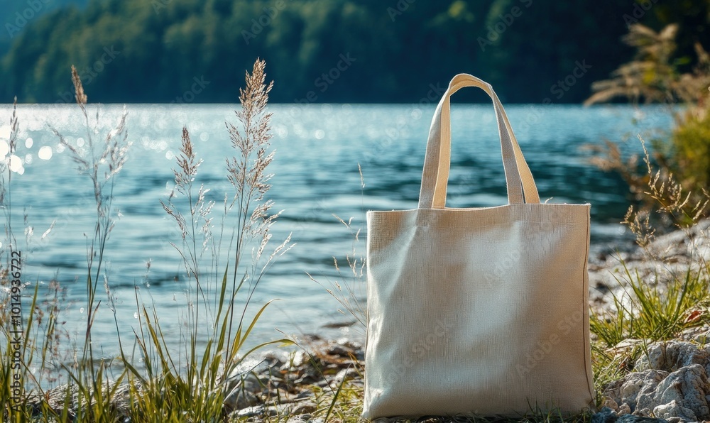 A white cotton tote bag sits on the pebbled shore of a lake, with a blurred background of trees and water.