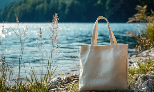 A white cotton tote bag sits on the pebbled shore of a lake, with a blurred background of trees and water.
