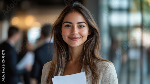 Woman team leader, A female project leader smiles confidently at the camera while holding paper files in a modern office. The background shows blurred colleagues engaged in