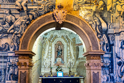 Interior and ceramic azulejos of Remedios chapel, Santuario de Nossa Senhora dos Remedios at Peniche, Portugal.