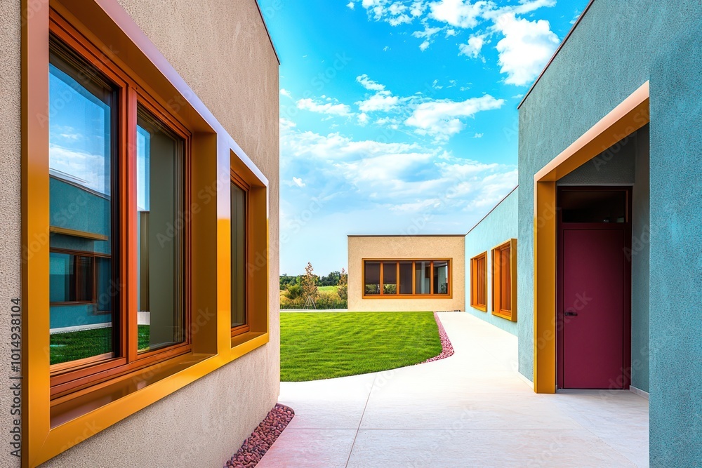 Modern villa with amber window frames, a taupe terrace, and cerulean walls The path is rose, leading to a garnet door, with an ivory lawn under a sky blue sky Modern villa with amber window frames, a taupe terrace, and cerulean walls The path is rose, leading to a garnet door, with an ivory lawn under a sky blue sky