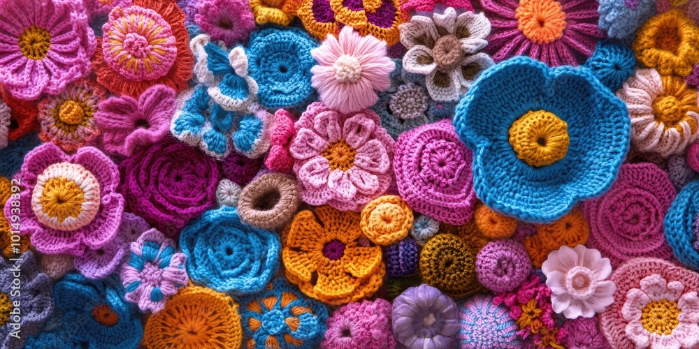 Crocheted Flowers on Table Crocheted Flowers on Table