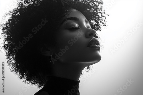 A black silhouette of an African American woman with curly hair, standing against a white background The figure is centered and in profile view, showcasing her graceful posture