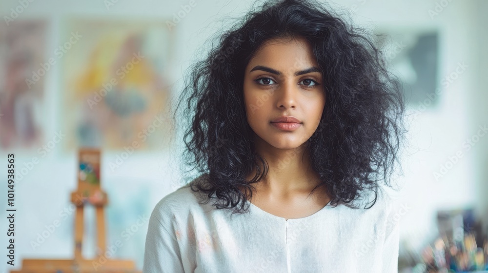 Serene Young Artist with Curly Hair in Studio Serene Young Artist with Curly Hair in Studio