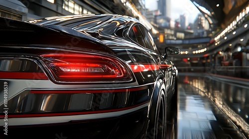 Black Sports Car with Red Stripes in Urban Setting