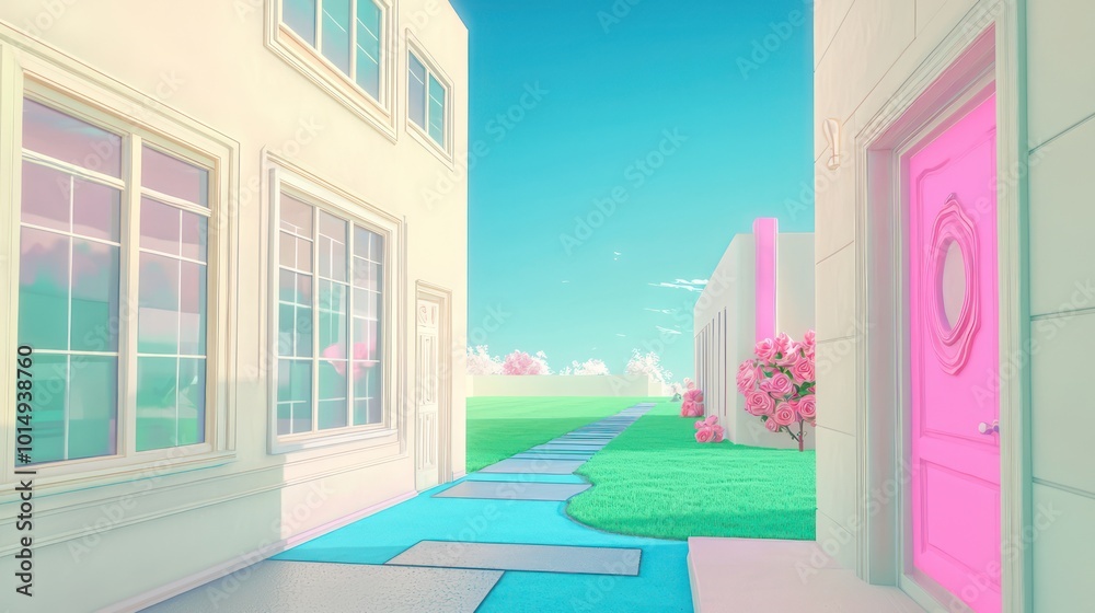 Naklejka premium Modish dwelling with ivory window frames, a turquoise terrace, and almond walls A cobalt path leads to a rose door, with a silver lawn under an olive sky
