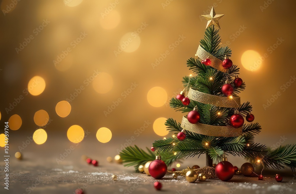 Christmas tree on a gold background with garlands and bokeh, copy space