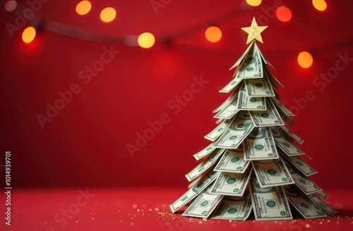 Christmas tree made of many money on a red background with garlands and bokeh, copy space