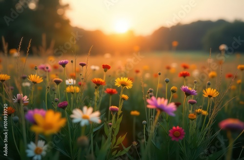 Beautiful meadow with colorful wild flowers on bright sunny summer day