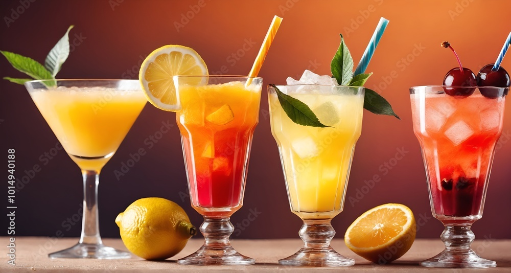 Colorful gin tonic cocktails in glasses on bar counter in pup or restaurant Colorful gin tonic cocktails in glasses on bar counter in pup or restaurant