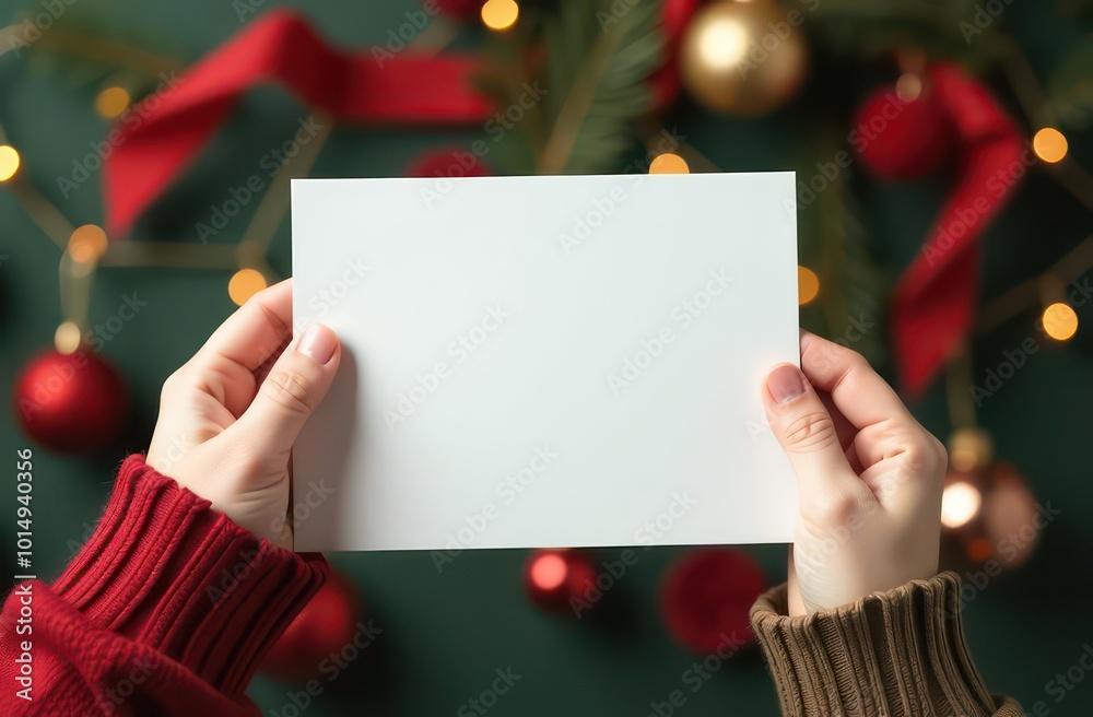 view on a girl hands gripping a large Christmas card without text over a festive background view on a girl hands gripping a large Christmas card without text over a festive background
