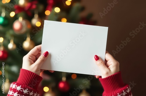 view on a girl hands gripping a large Christmas card without text over a festive background