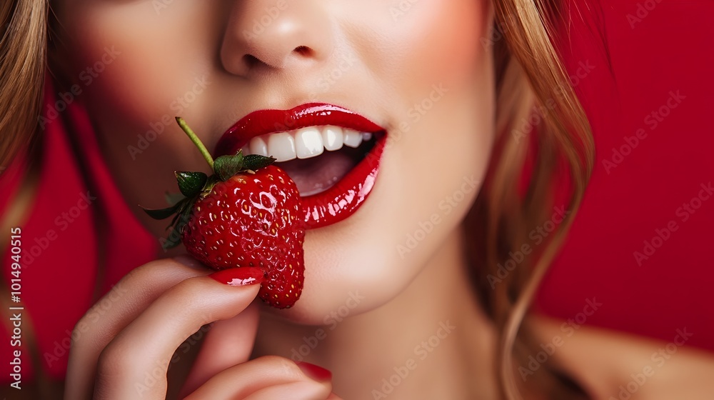 Sensual Woman Biting Into Ripe Strawberry with Bold Red Lips Sensual Woman Biting Into Ripe Strawberry with Bold Red Lips