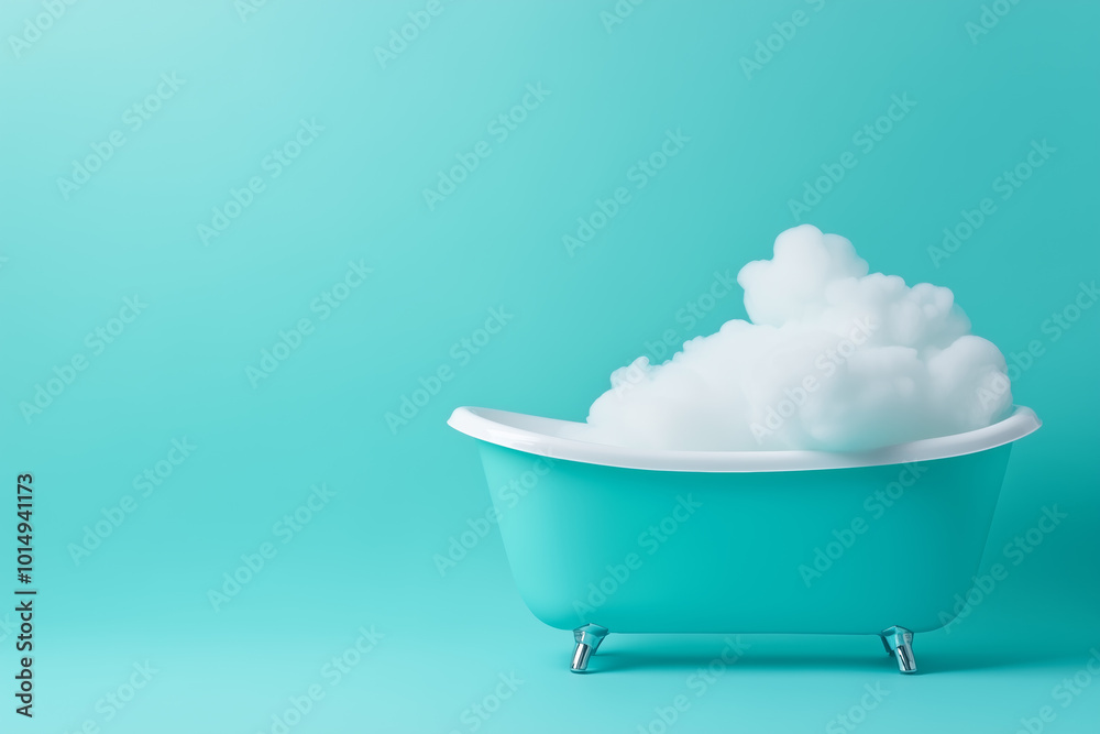 Bathtub filled with foam bubbles against a vibrant turquoise background in a cozy setting Bathtub filled with foam bubbles against a vibrant turquoise background in a cozy setting