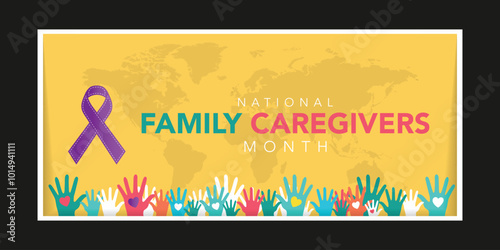 Family Caregivers month is observed every year in November. Calligraphy Poster Design. The Plum Ribbon raises awareness for cancer caregivers. Banner poster and background design template. Vector.