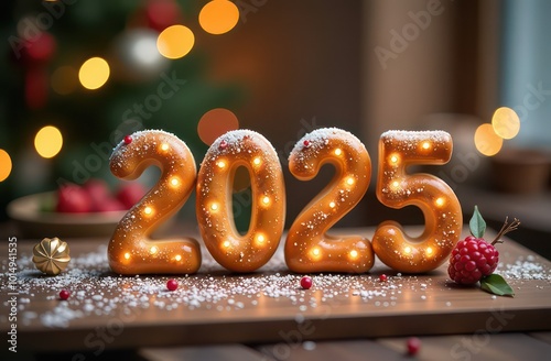 Happy New Year 2025. Festive design. Photo of baking photo