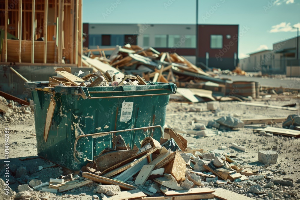 A green trash can sits atop a pile of debris A green trash can sits atop a pile of debris