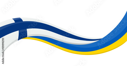 Wavy ribbon banner of Ukraine National flag with Finland National Flag. Unity and cooperation symbol. Logo for charity social events, NGO, sports team, peace summit. Vector illustration.
